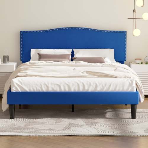 Vecelo Bed Frame Upholstered Wood Slat Suppor with Adjustable Headboard Dark