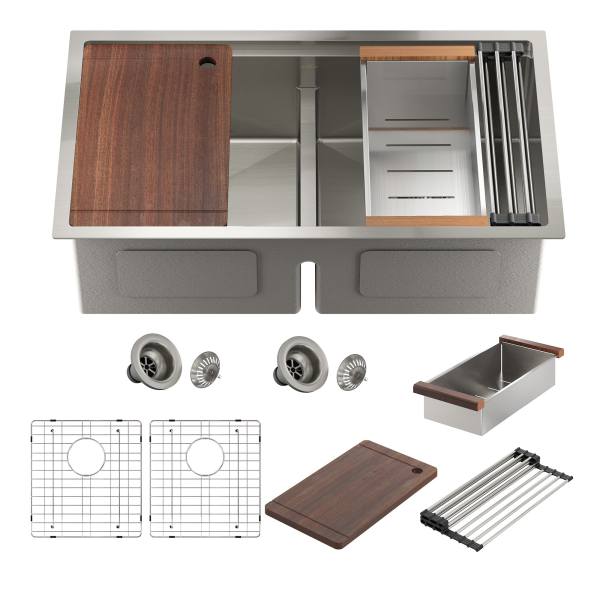 Boyel Living 33 in. Undermount Double Bowl 18-Gauge Brushed Stainless Steel Kitchen Sink with Cutting Board and Accessories one_size | BLKE05027UD133S