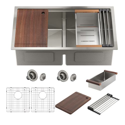 Boyel Living 33 in. Undermount Double Bowl 18-Gauge Brushed Stainless Steel Kitchen Sink with Cutting Board and Accessories one_size | BLKE05027UD133S