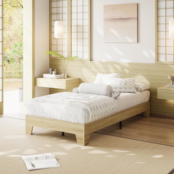 Qeetex Twin XL Platform Bed Frame with Underbed Storage - 10.24Inch Clearance Wood and Metal Slat Support No Headboard No Box Spring Needed Easy