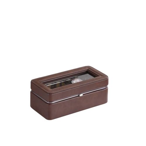 GlasFlength 8 Inch Long Tempered Glass and Leather 4 Slot Watch Display Case Brown one_size | LW-JS-117