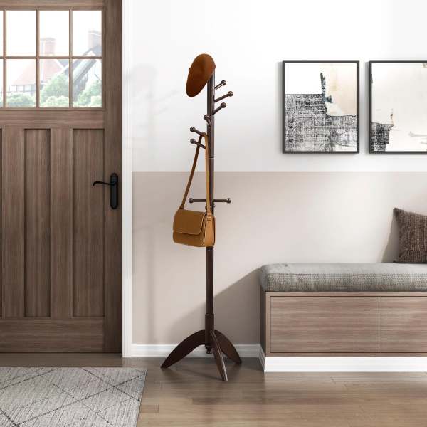 GlasFlength Coat Hanger Solid Wood Freestanding Coat Rack with 11 Hooks for Entryway Bedroom or Living Room Dark Brown 17.5-in L x 17.5-in W x 70