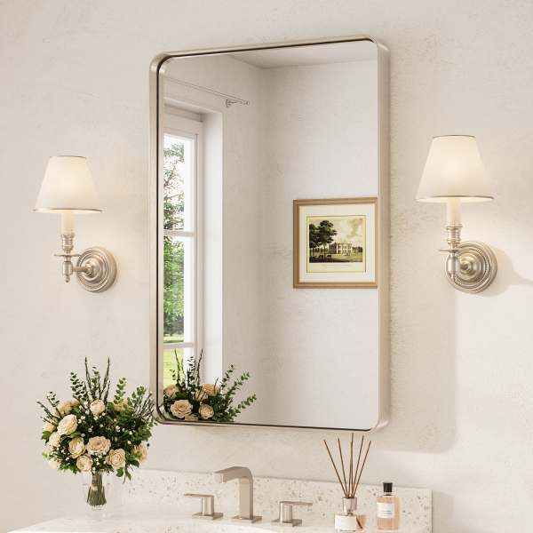 TETOTE 24x36 Inch Brushed Nickel Bathroom Vanity Mirror Tempered Glass Metal Framed Over Sink Horizontal/Vertical one_size | LW-TE-BM15-6091NI
