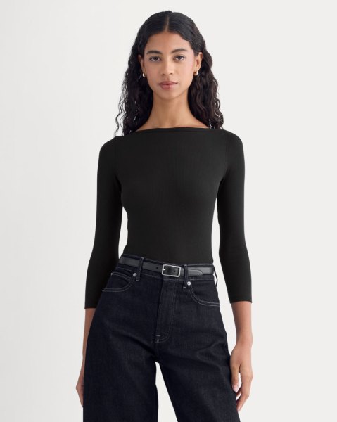 Everlane Luxe Rib 3/4 Sleeve Boatneck Tshirt In Black, Size Cotton/Elastane