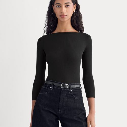 Everlane Luxe Rib 3/4 Sleeve Boatneck Tshirt In Toffee, Size XXL, Cotton/Elastane