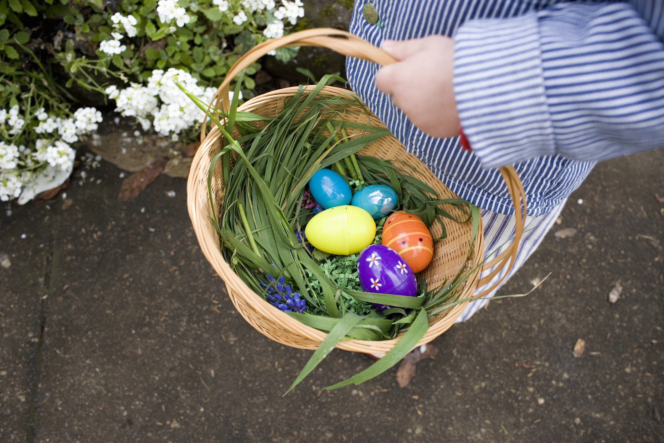 Child carrying basket of Easter eggs