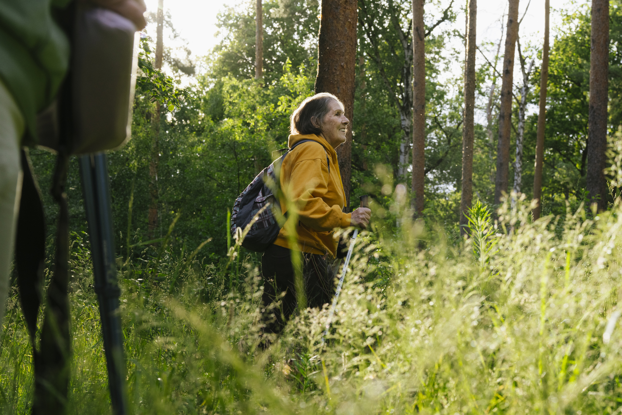 Wide-angle shot past a blurred person in the foreground to a senior citizen enjoying the sun on a walk in the forest