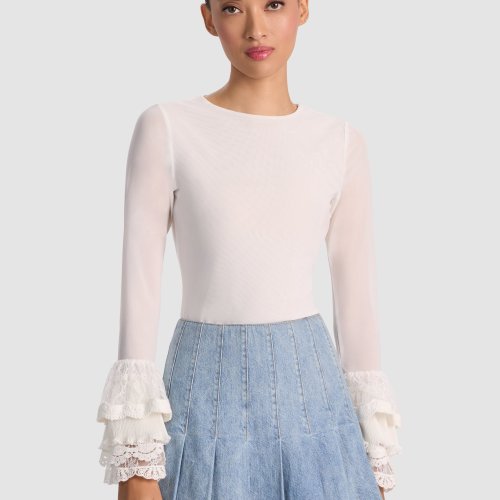 alice olivia DELAINA TOP WITH RUFFLE CUFF