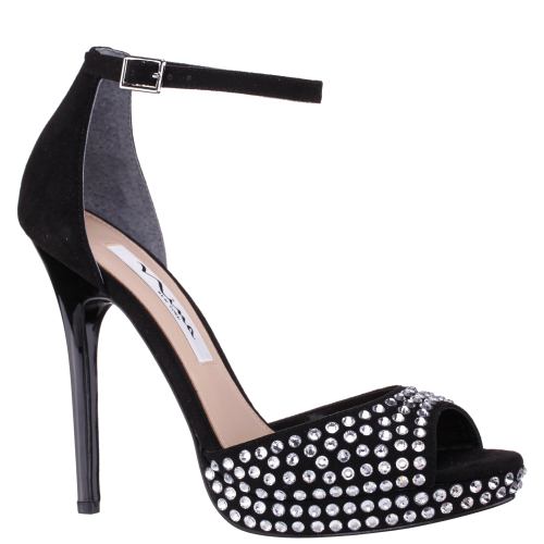 Womens Francia Black Glam Suedette With Rhinestone Ultra-High Heel Platform Sandal | Nina Shoes