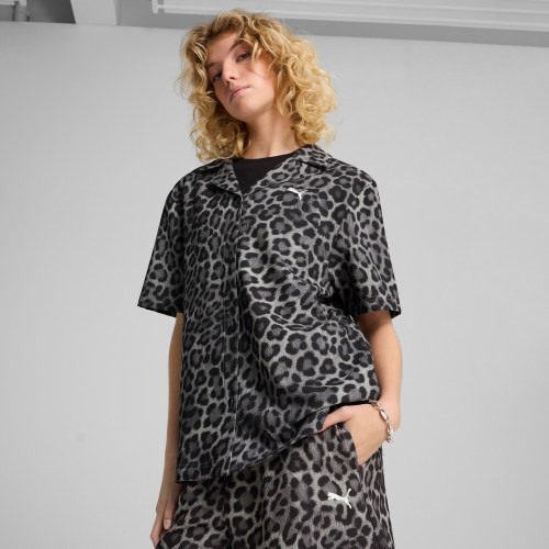 PUMA Leopard Luxe Womens Relaxed All-Over Print Woven Shirt in Size S