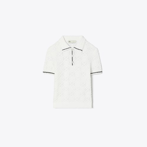 Tory Burch Cotton Logo Lace Polo Top