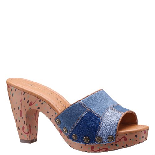 Womens Village Dark Blue Denim Patchwork Slide On A Printed Platform Bottom | Nina Shoes