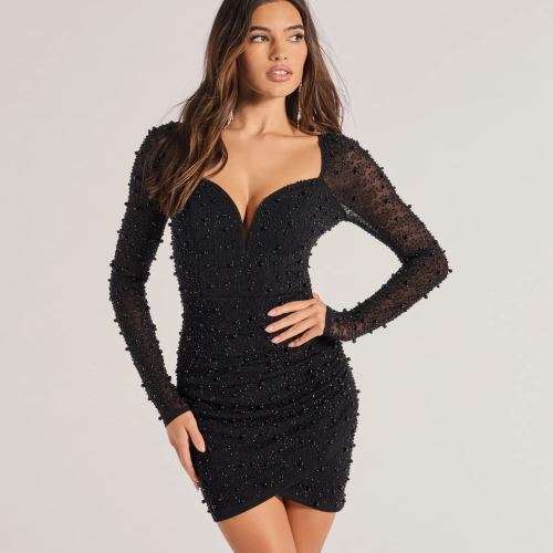Emma Faux Pearl Beaded Long Sleeve Bodycon Dress