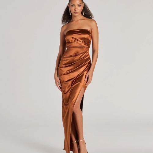 Lauren Strapless Wrap Slim Satin Formal Dress