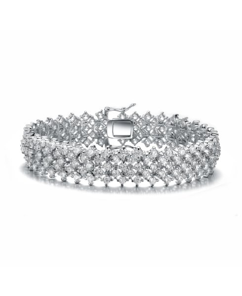 Elegant Sterling Silver Bracelet Adorned with Rows of Sparkling Cubic Zirconia Stones - White