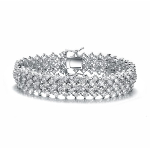 Elegant Sterling Silver Bracelet Adorned with Rows of Sparkling Cubic Zirconia Stones – White
