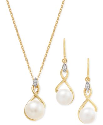 Cultured Freshwater Pearl Cubic Zirconia Jewelry Set In 14k Two Tone Gold Plated Sterling Silver