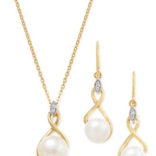 Cultured Freshwater Pearl Cubic Zirconia Jewelry Set In 14k Two Tone Gold Plated Sterling Silver