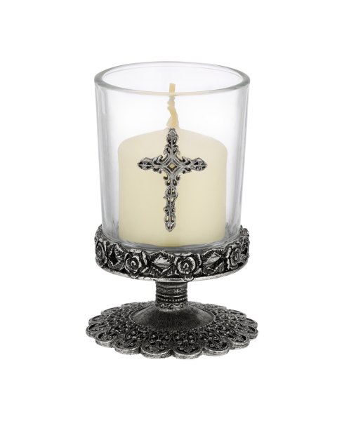 2028 Glass Pewter Cross Candle Holder - Silver