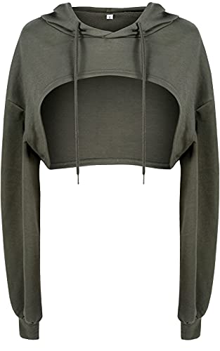 Women Cropped Super Crop Top Hoodies Camo Pullover Sweatshirt Aesthetic Hip Hop Dance Rave Festival Clothes Going Out Tops Army Green S