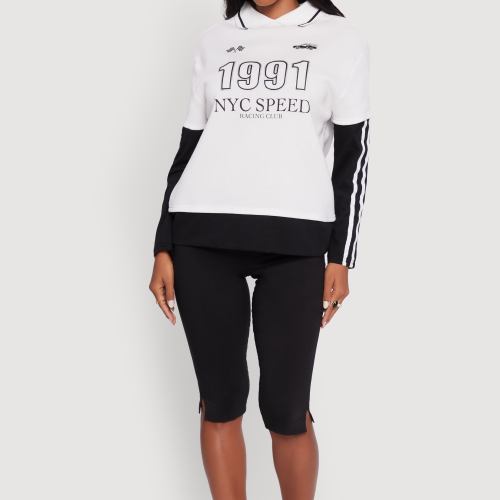 Womens Varsity Stripe Foil Screen Graphic Layered Look Sweatshirt