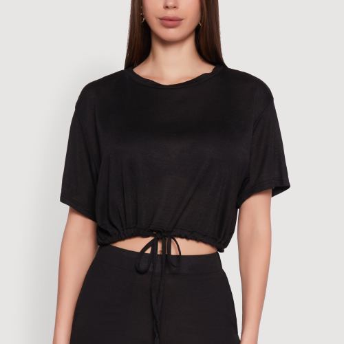 Womens Daisy Drawstring Hem Crew Neck Cropped Tee