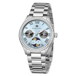 Luxury Two-Tone Watch, Crystal Bezel, Moon Phase Dial