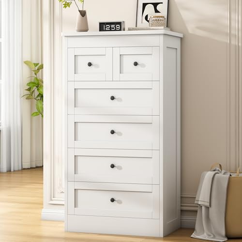 6 Drawer Dresser, White Modern 43.3” Tall, Wood, for Closet, Hallway, Living Room