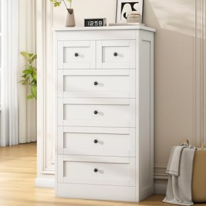 6 Drawer Dresser, White Modern 43.3” Tall for Closet, Hallway, Living Room