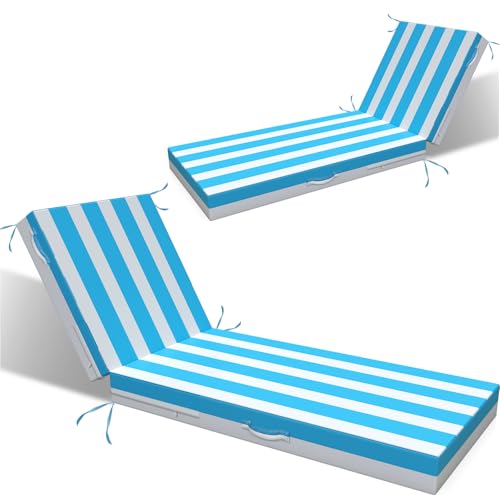 L’AGRATY Outdoor Lounge Chaise Cushion: 72x21x3 Inch Waterproof Lounge Chair Cushion for Outdoor Furniture with Fade Resistant Removable Cover – Patio Cushions for Pool Lawn Deck(Blue White 2Pcs)