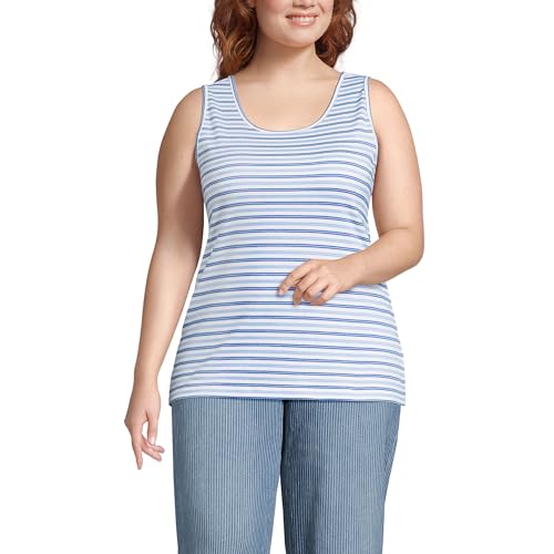Lands’ End Womens Cotton Tank Top Light Sea/Clear Blue Stripe Tall Large