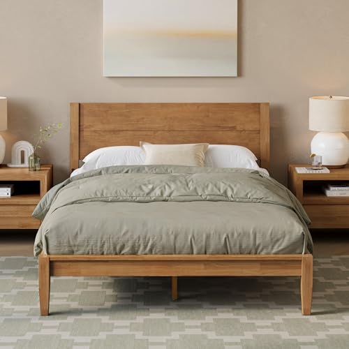 Cozyman Queen Size Solid Rubberwood Platform Bed Frame with Joinery, 15 Mins Simple Tools Assembly, 800lbs Noise-Free, No Box Spring Needed, with Headboard & 9.3″ Under Bed Storage, Brown