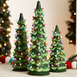 Set of 3 Ceramic Christmas Trees, Pre-Lit Hand-Painted