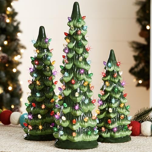 Set of 3 Ceramic Christmas Trees, Pre-Lit Hand-Painted