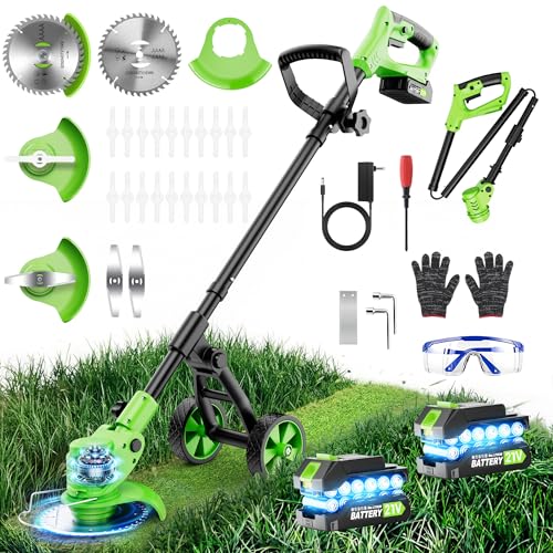 Cordless Weed Wacker with Wheels, 4-in-1 Battery Powered Stringless Weed Eater