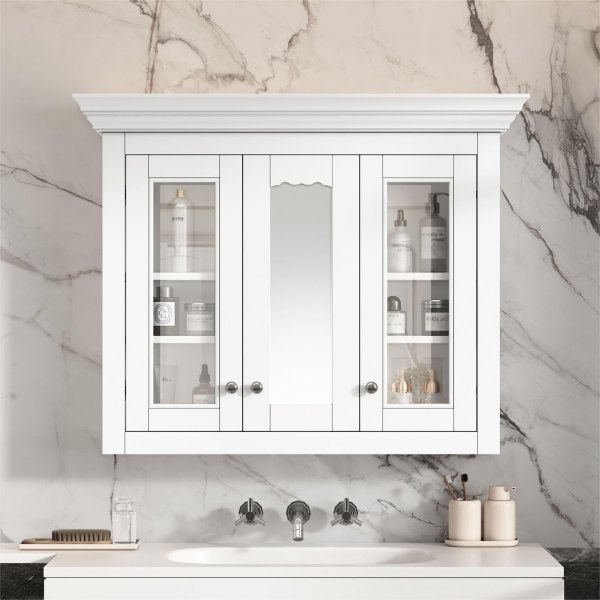 WELLFOR MRZ 35-in x 28-in Surface Mount White Mirrored Rectangle Medicine Cabinet one_size in Light | GIZQN7103AF