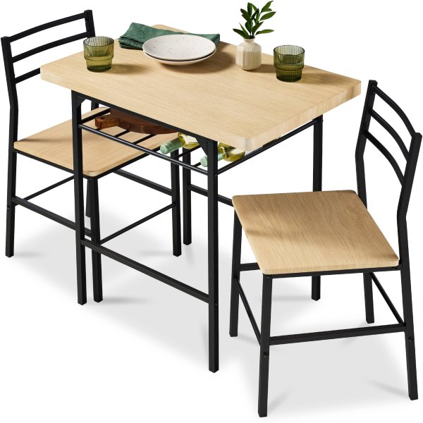 Best Choice Products 3-Piece Modern Dining Set Square Table Chairs Set w/ Steel Frame Storage Rack - Natural/Black one_size in Brown | SKY9239