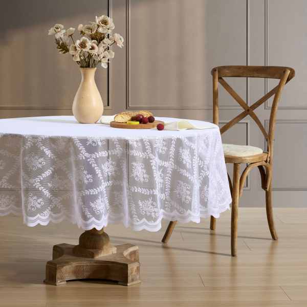 HLC.me Isabella Floral Lace Fabric Tablecloth for Tables Table Cloth Wrinkle Resistant Patterned Scalloped one_size in White