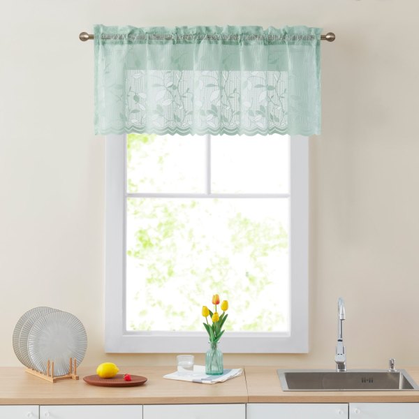 HLC.me Joyce Lace Sheer Kitchen Curtain Valance Topper - Rod Pocket - Single Valance one_size in Green | JYC-18-SFOM