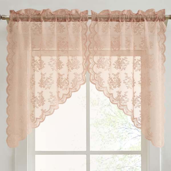 HLC.me Jolene Floral Rod Pocket Lace Short Cafe Swags Small Windows - Set of 2 in Pink | JLN-SWG-BLSH