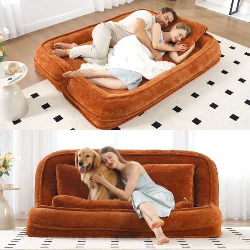 LOVMOR Double human dog bed Fits You and Pets Extra Large Floor Couch Can sit or lie down 2-in-15 Adjustable Position Orange | SF-H-W1628P348796