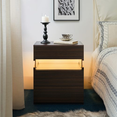 LOVMOR LED Nightstands 3 Drawer Dresser for Bedroom End Table with Acrylic Board LED Bedside Tables Walnut one_size | SF-M-W2178P412301