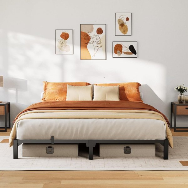 Full Size 14 Inch Metal Platform No Box Spring Needed 800 Lbs Capacity Tool-Free Assembly