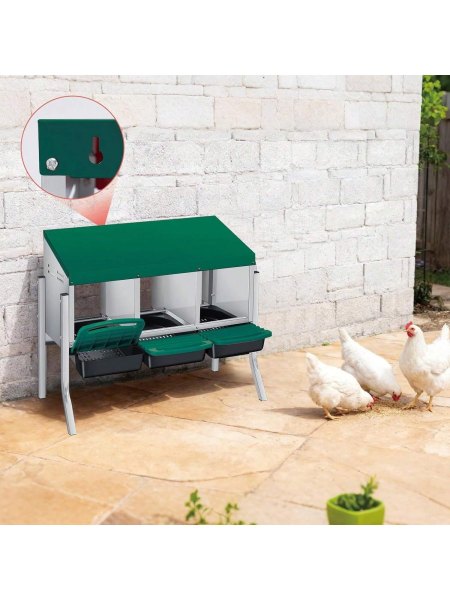 Garvee Chicken Nesting Boxes With Legs 3 Hole Weatherproof Galvanized Steel Chicken Egg Laying Box With Handle Perch and Automatic Rollout Egg