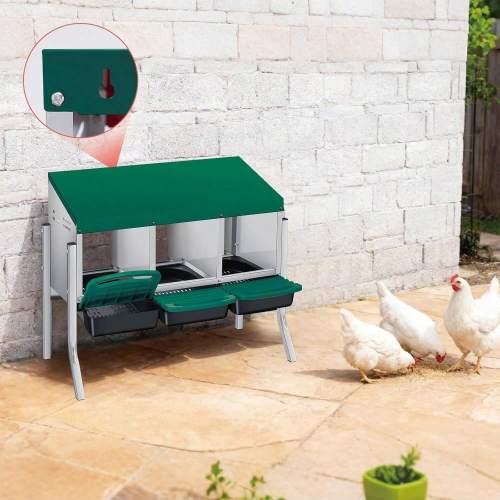 Garvee Chicken Nesting Boxes With Legs 3 Hole Weatherproof Galvanized Steel Chicken Egg Laying Box With Handle Perch and Automatic Rollout Egg