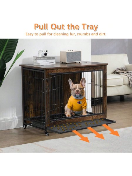 Qeetex Small Dog Crate Furniture With 2 Doors And Wheels Heavy Duty Wooden Indoor Kennel Dog House Cage Side End Table For Small Medium Dogs Anti-Chew