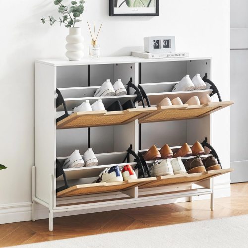Qeetex Shoe Cabinet Natural Rattan Shoe Organizer with 4 Flip Drawers Narrow Freestanding Shoe Rack with Metal Legs Adjustable Shelf for Entryway