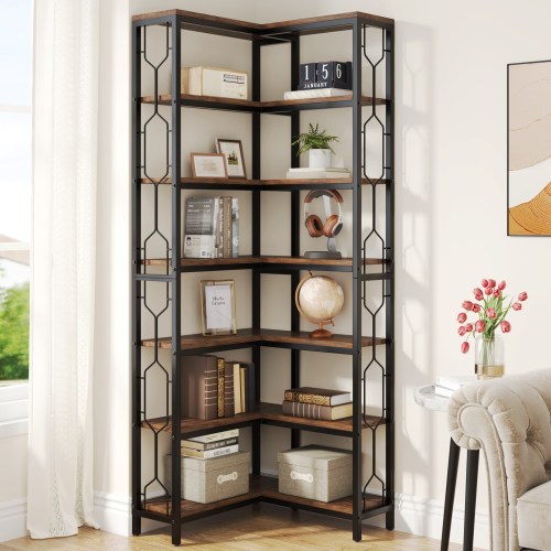 Tribesigns Corner Shelf 7 Tiers Industrial Corner Bookshelf Wood and Metal Etagere Bookcase Freestanding Display Shelf for Living Room Kitchen Home
