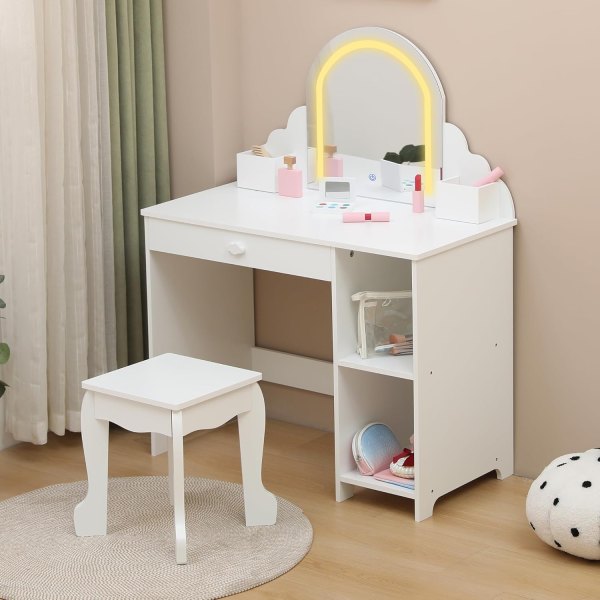Garvee Kids Vanity with Lighted Mirror - 2 in 1 Little Girls Vanity Table and Stool - Kids Makeup with Drawer and Open Shelves for 3-9 Yrs Girls