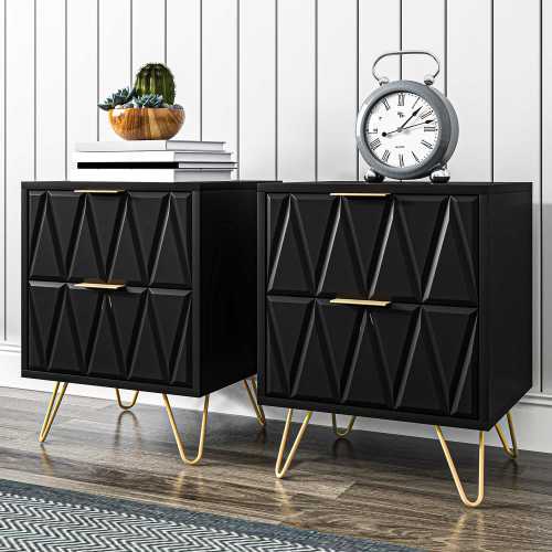 Choco Moon Wooden Set of 2 Night Stands for Bedroom Modern Drawer Chest with Metal Frame Black one_size | 04601965138911
